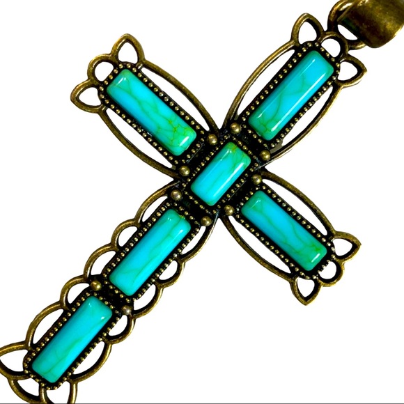 Gold & turquoise large cross pendant necklace with gold chain - Picture 5 of 7